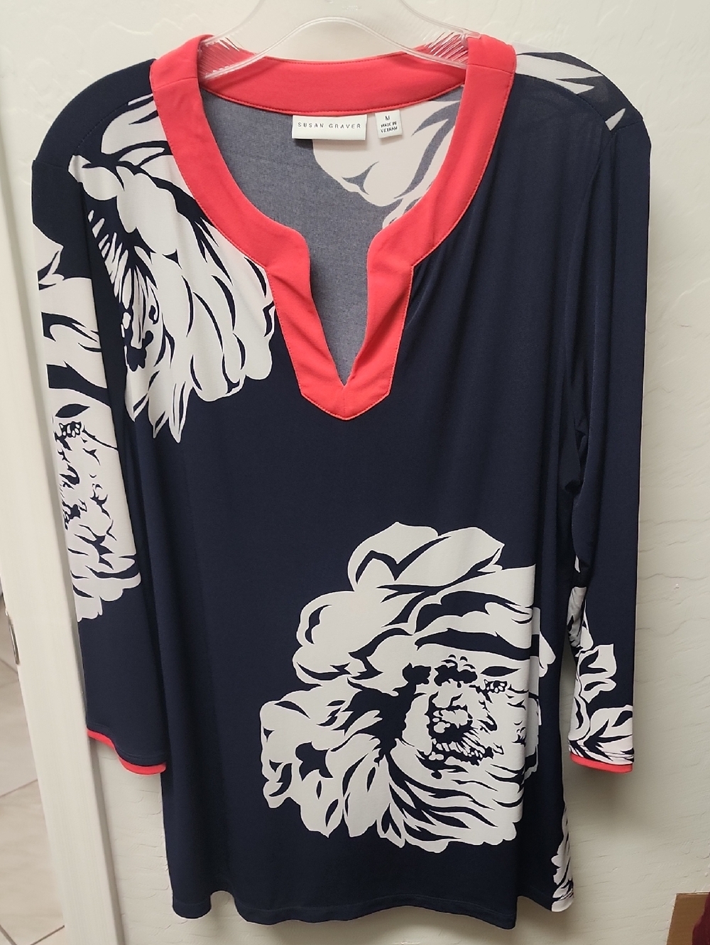 Susan Graver Navy Tunic with White Floral Print and Coral Trim